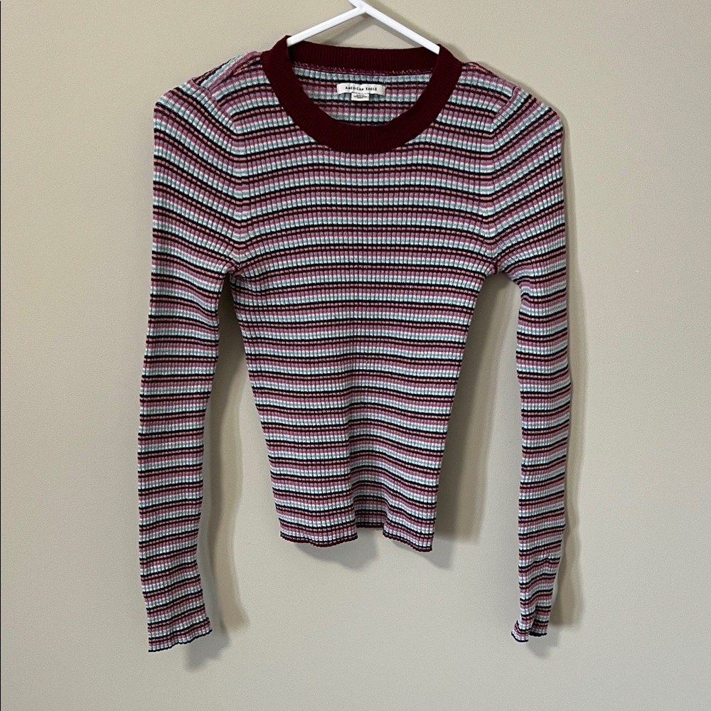 Women’s Ribbed Knit Striped Long Sleeve Top - Soft & Stretchy Crewneck Y2K Small